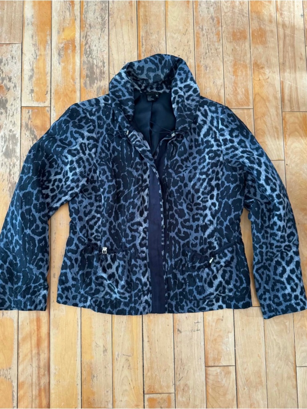 Spanner Grey Leopard Print Nylon Funnel Neck Jacket 12 Casual Chic Edgy Luxury - Picture 2 of 4